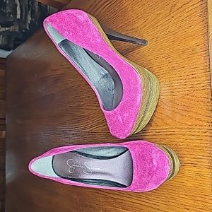 Jessica Simpson wine suede pumps with wood grain platform
